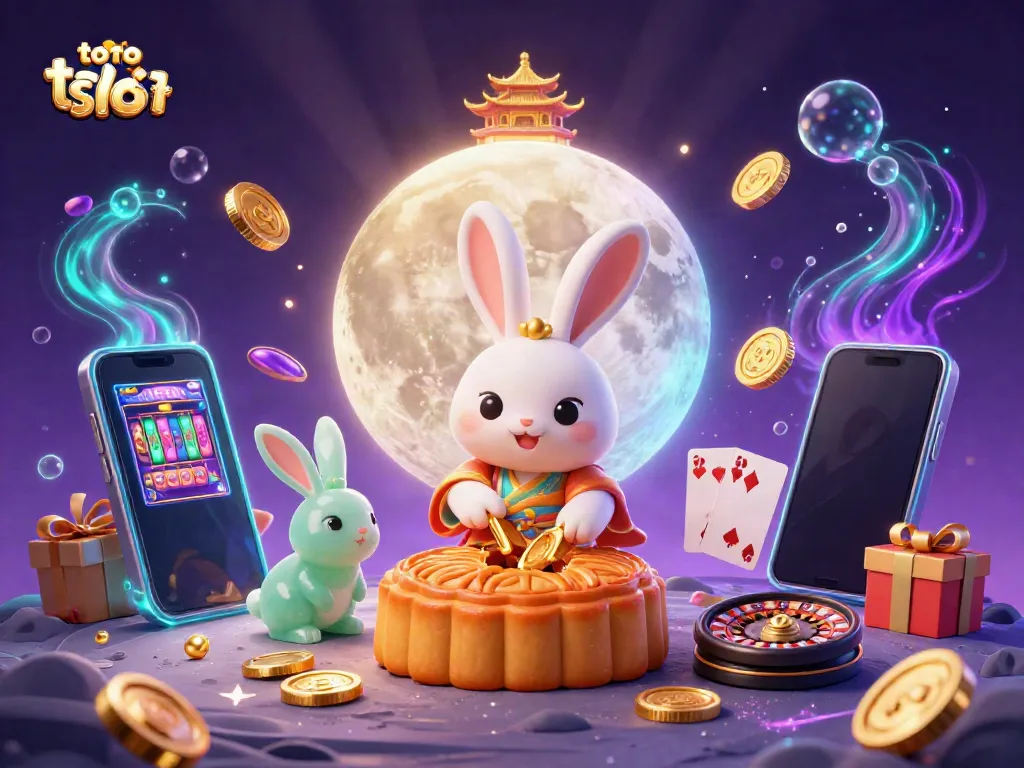 Engage with the toto slot experience featuring a moon rabbit and jade companion amidst casino elements.