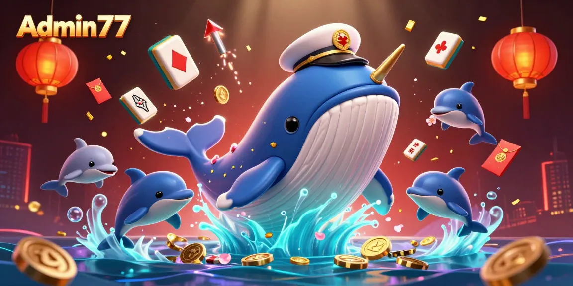 Watch Admin77's exciting gameplay scene with a playful whale, narwhal, and dolphins amidst casino elements.