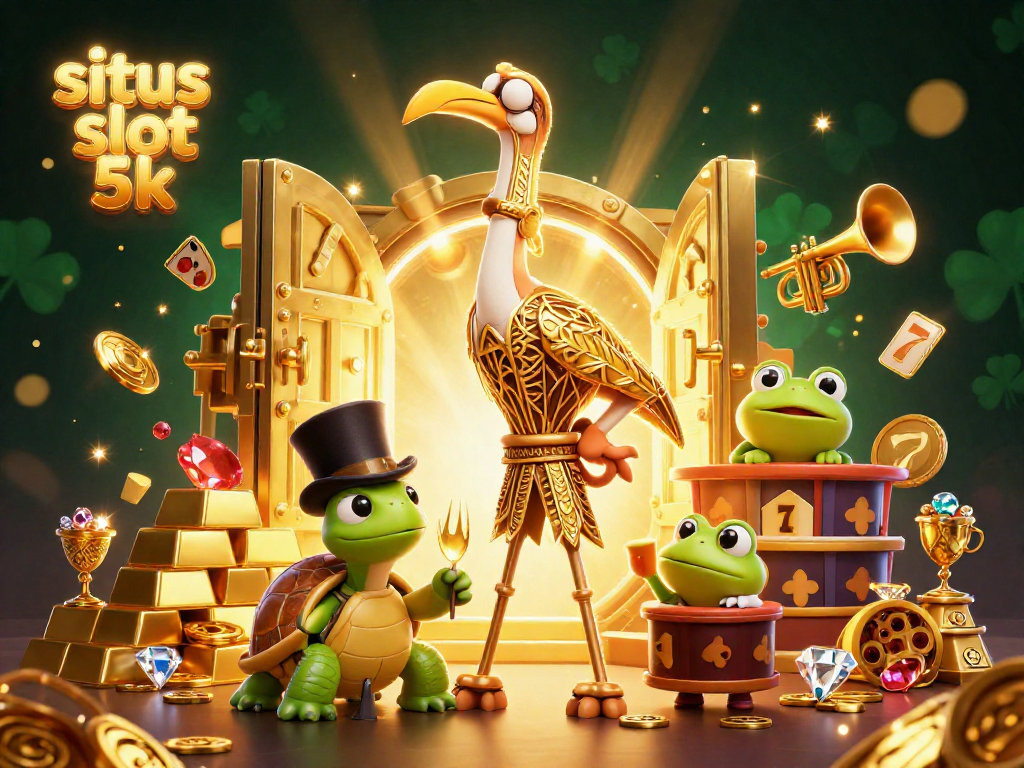 Engage with the vibrant casino scene depicting situs slot 5k with exciting characters and rich treasures.