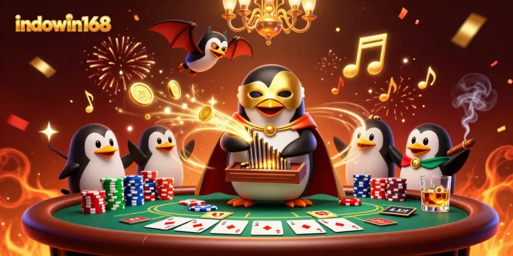 Experience the excitement of indowin168 with a whimsical 3D illustration featuring a penguin playing a golden pipe organ amidst poker excitement.