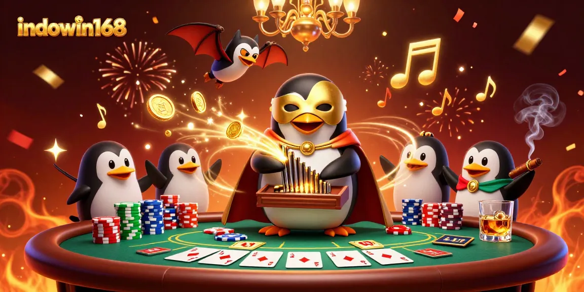 Experience the excitement of indowin168 with a whimsical 3D illustration featuring a penguin playing a golden pipe organ amidst poker excitement.