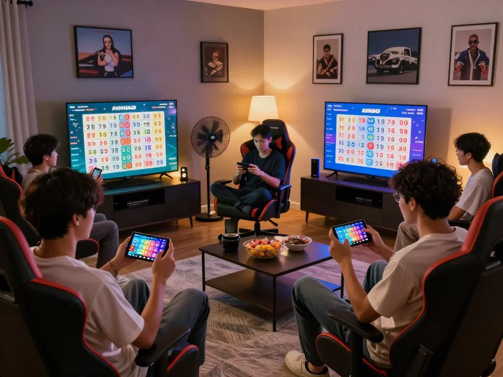 Friends enjoying Toto Lotto 4D on AHHA4D online platform in a cozy living room setting