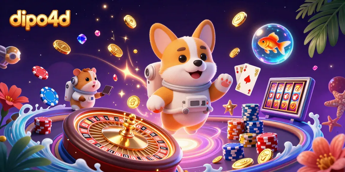 Engage in vibrant gaming action with dipo4d's space casino scene showcasing a floating corgi and roulette.