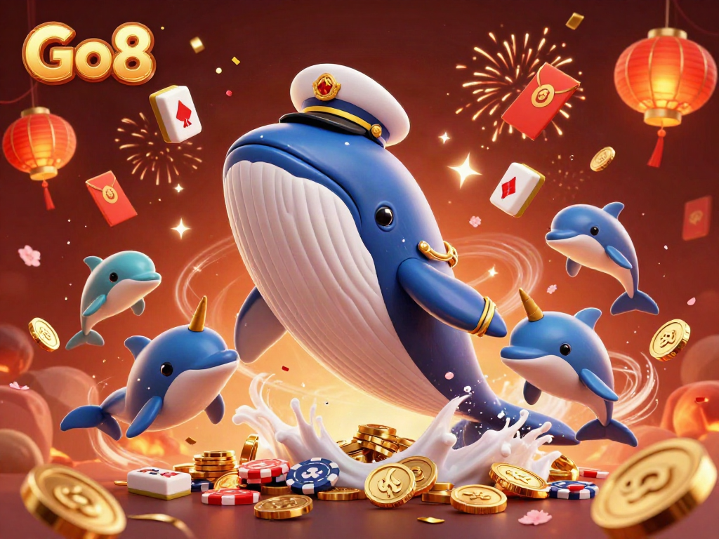 Go8 reveals a vibrant scene with a whimsical whale and narwhal celebrating a jackpot