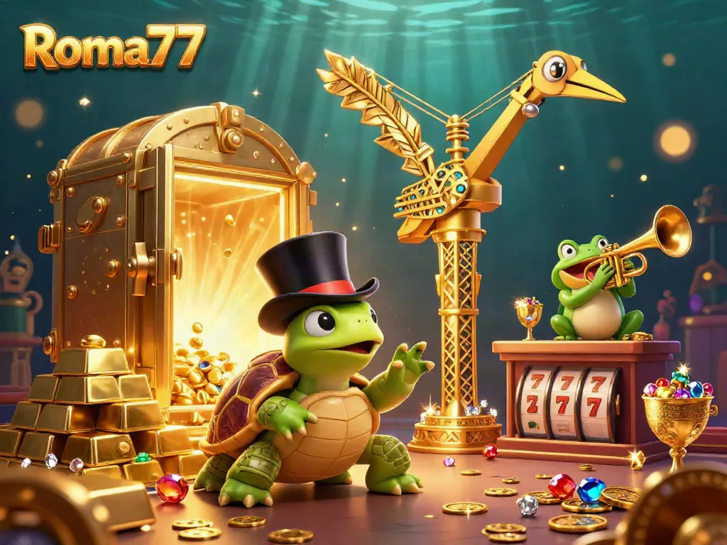 Experience thrilling wins at Roma77 with vibrant 3D characters surrounded by casino treasures and slot elements.
