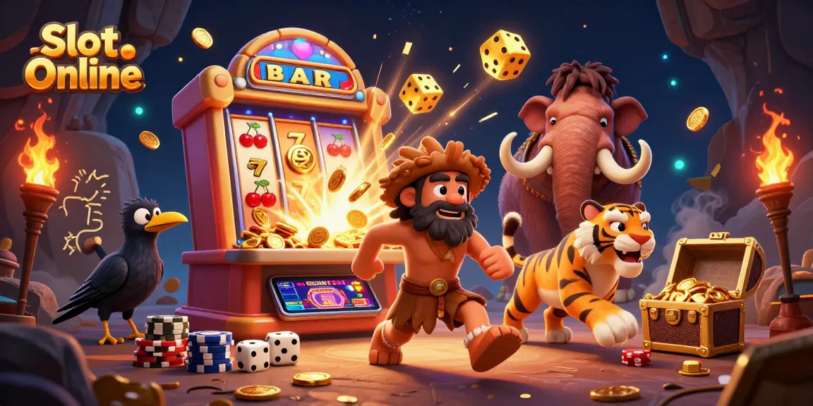 Play Slot Online at a vibrant prehistoric casino with cartoon characters winning jackpots.