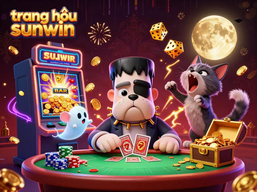 Experience excitement at trang chủ sunwin with a colorful 3D casino illustration of unique characters and vibrant gambling elements.