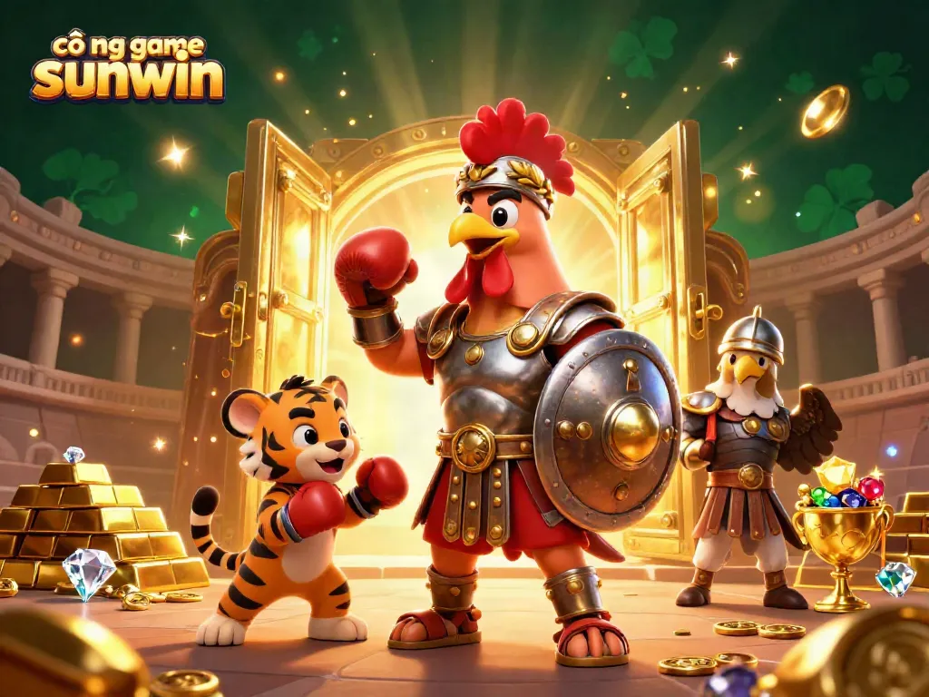 Engage with cổng game sunwin through a vibrant illustration depicting heroic characters and treasure elements.
