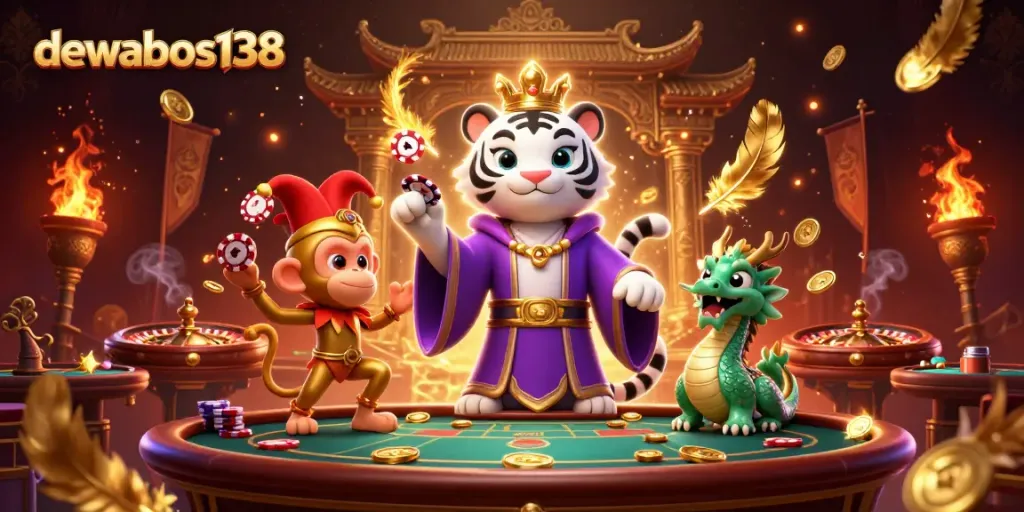 Dewabos138 sebagai platform judi dengan harimau, monyet, dan naga dalam suasana kasino.