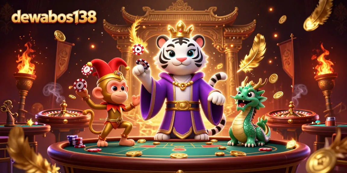 Dewabos138 sebagai platform judi dengan harimau, monyet, dan naga dalam suasana kasino.
