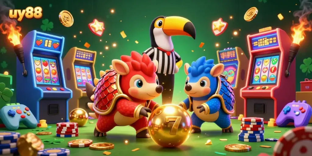 Spin and win with uy88 in this vibrant casino scene featuring animated pangolins and slot symbols.