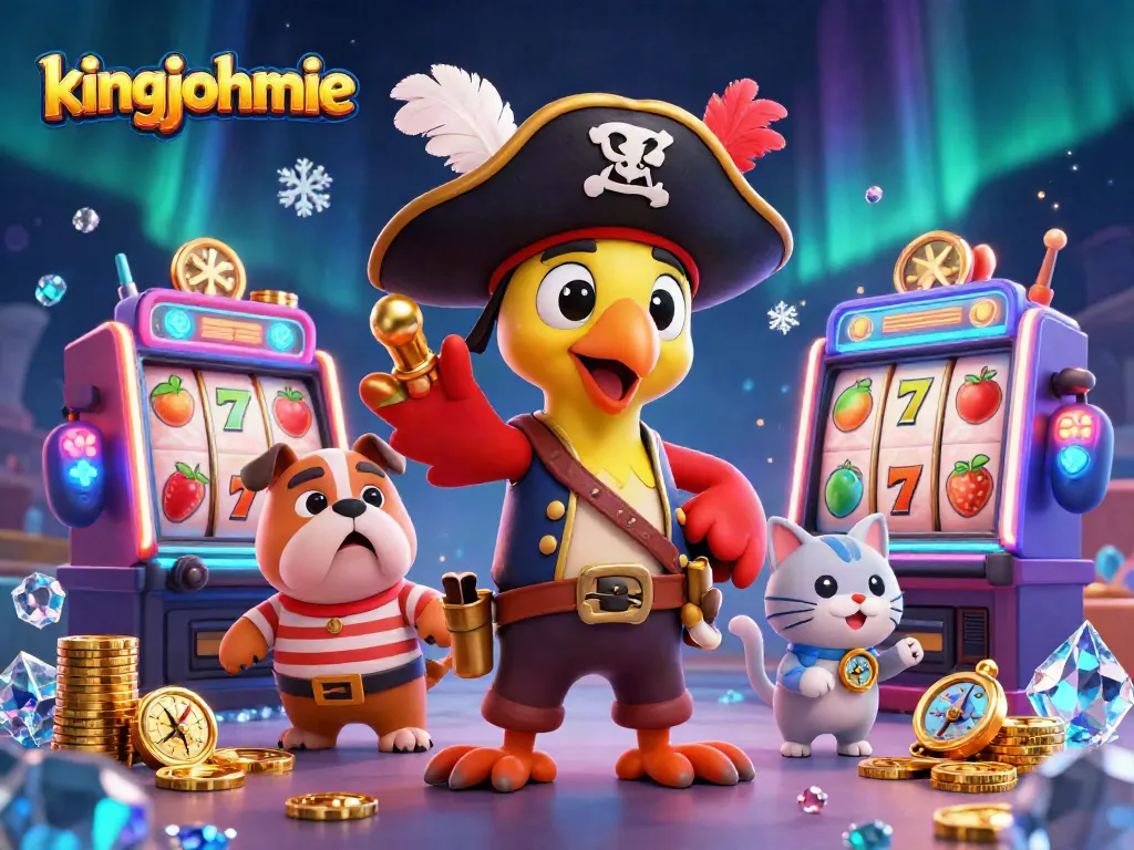 Engage in thrilling gameplay at kingjohnnie with dynamic cartoon characters amidst colorful slot machines and sparkling coins.