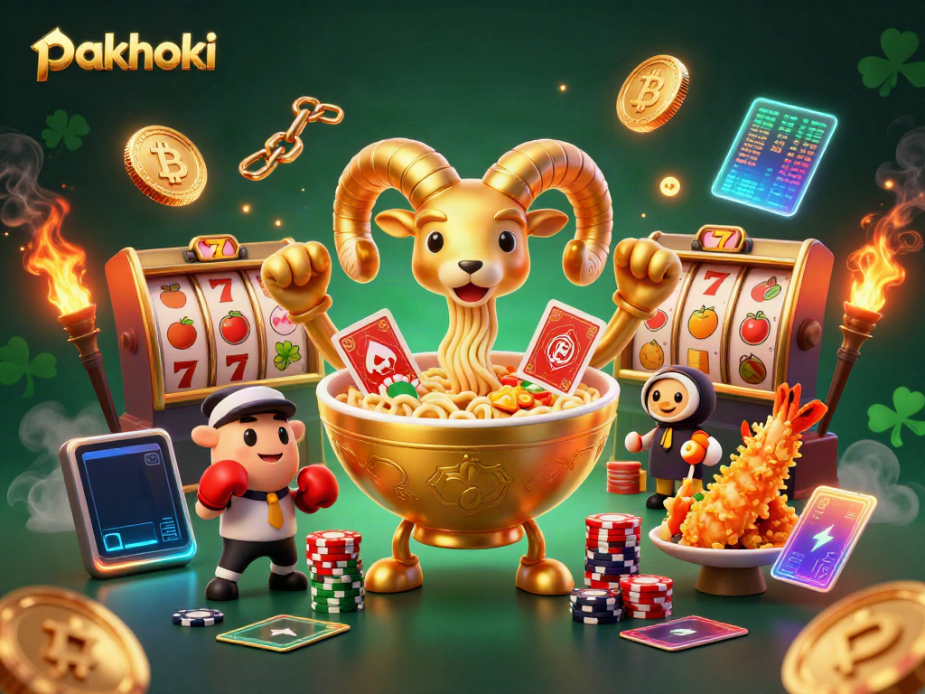 Permainan pakhoki dengan karakter lucu dalam suasana kasino, menampilkan ramen emas dan elemen slot.