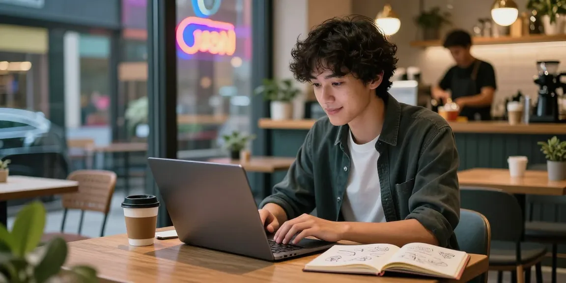 Engaging in an nsfw chat ai in a trendy café setting with vibrant decor.