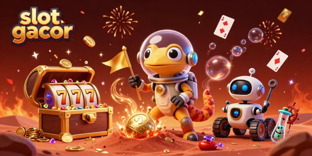 Gali keseruan slot gacor dengan Martian gecko dan robot di casino emas penuh koin.