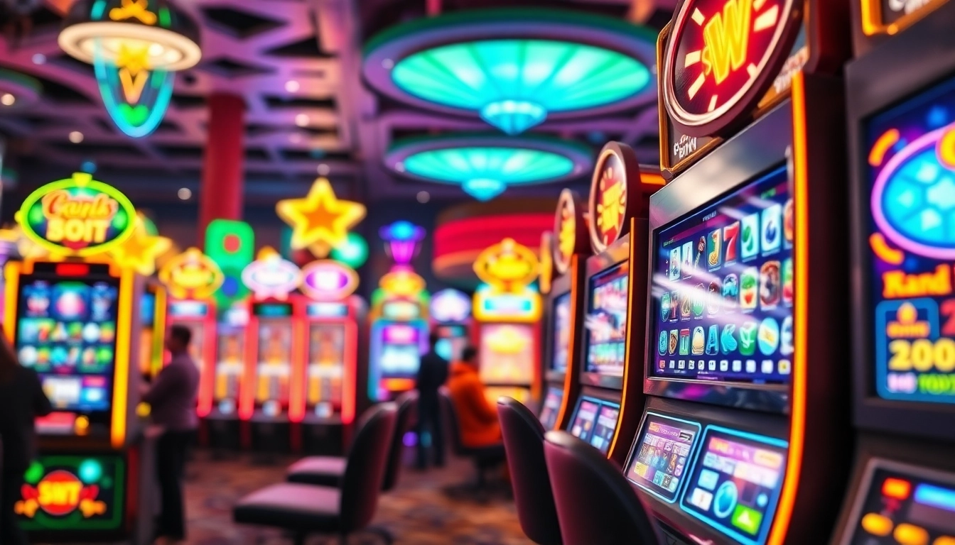 Slot mesin menghadirkan suasana kasino yang meriah dengan permainan berwarna dan cahaya terang.