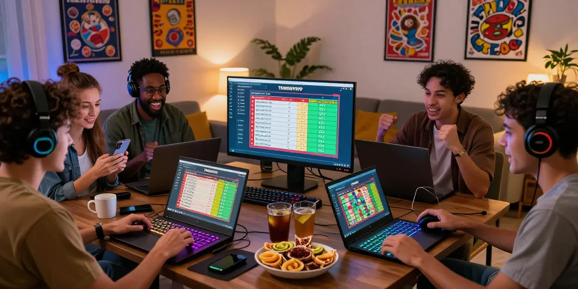 Friends enjoying tempo toto lottery game in a cozy home setting with laptops and snacks.