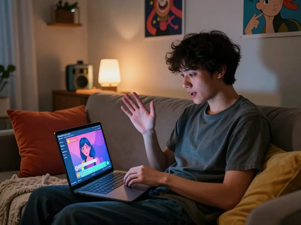 Engaging user in NSFW AI chat experience on cozy couch with vibrant interface.