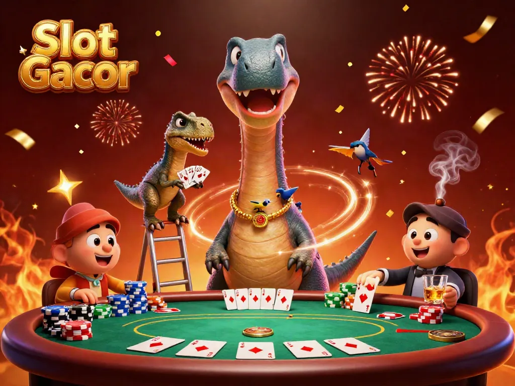 Slot Gacor menampilkan ilustrasi 3D yang kaya detail dengan karisma kasino, poker, dan karakter kartun.