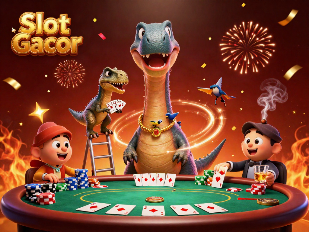 Slot Gacor menampilkan ilustrasi 3D yang kaya detail dengan karisma kasino, poker, dan karakter kartun.