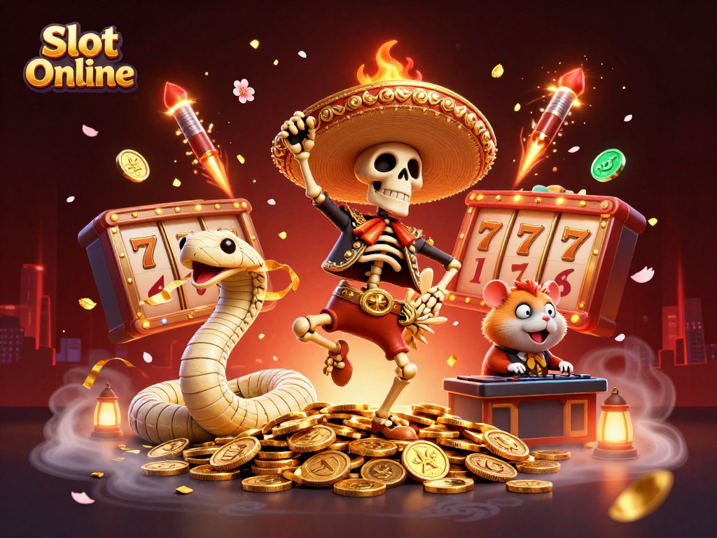 Experience thrilling Slot Online action with a dancing skeleton rooster and vibrant casino elements.