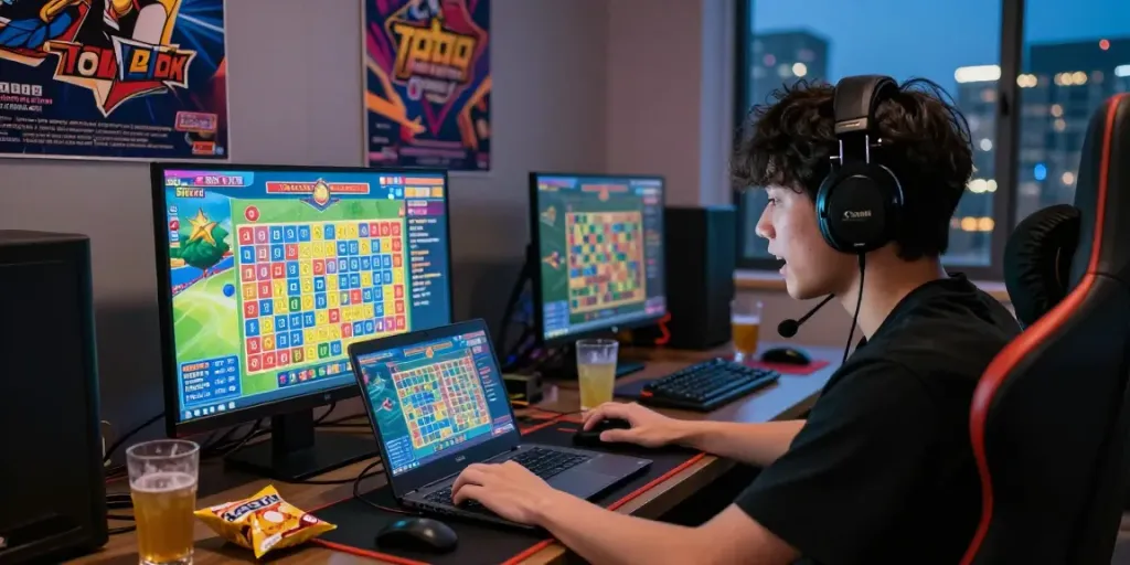 Data Macau 4D dalam suasana permainan Toto Macau online yang menarik, pemain terfokus pada hasil pengeluaran dengan suasana malam kota di latar belakang.