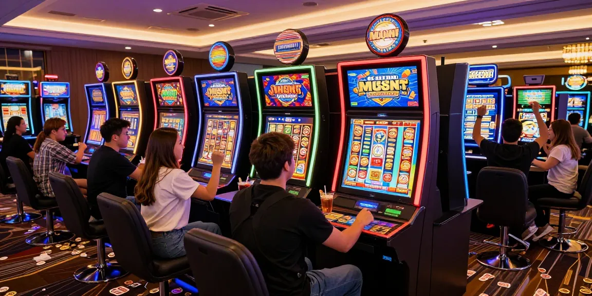 Slot Gacor: pemain bersemangat di mesin slot kasino dengan cahaya berkilauan dan suasana meriah.