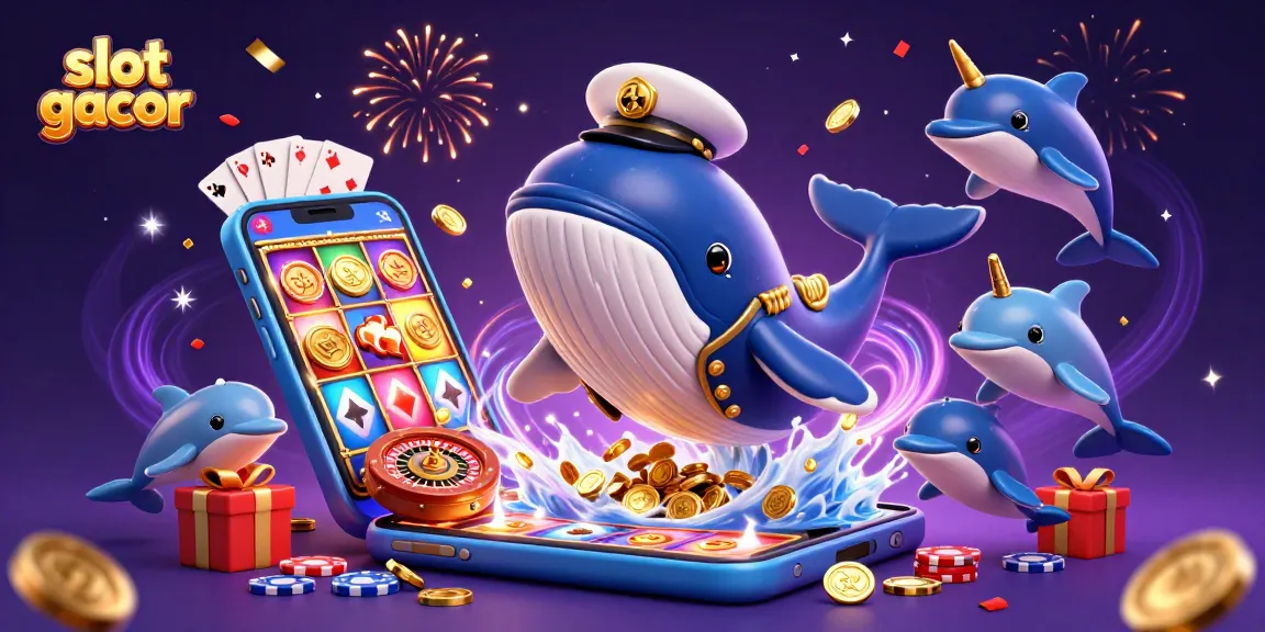 Menang di slot gacor dengan ilustrasi 3D paus raksasa dan kawanannya di lautan koin.
