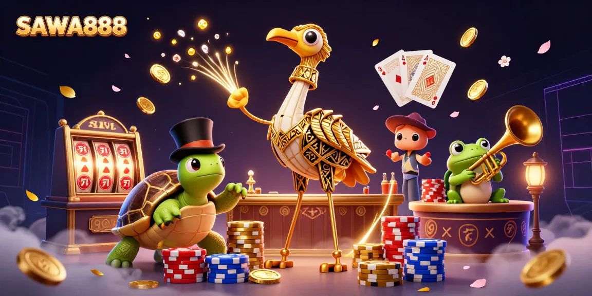 Experience SAWA888 through a whimsical 3D scene with colorful characters and vibrant casino symbols.