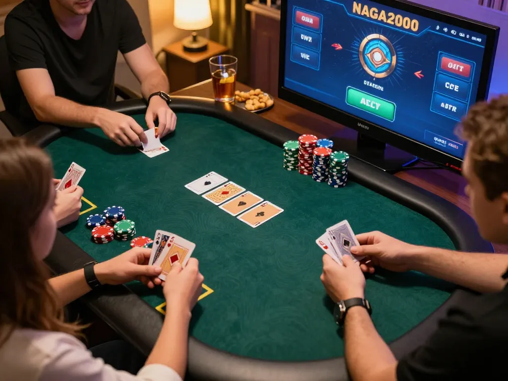 NAGA2000 online poker game in action with players betting strategically and colorful chips on display.