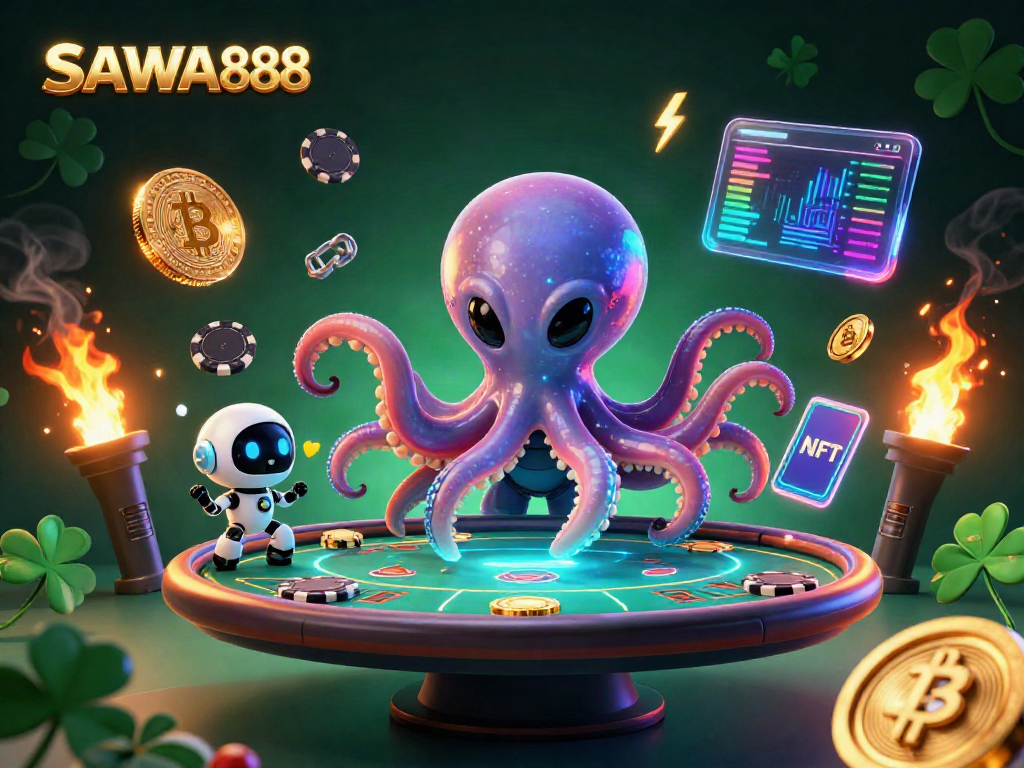 SAWA888 features an alien octopus at a poker table amidst crypto elements and vibrant lighting.