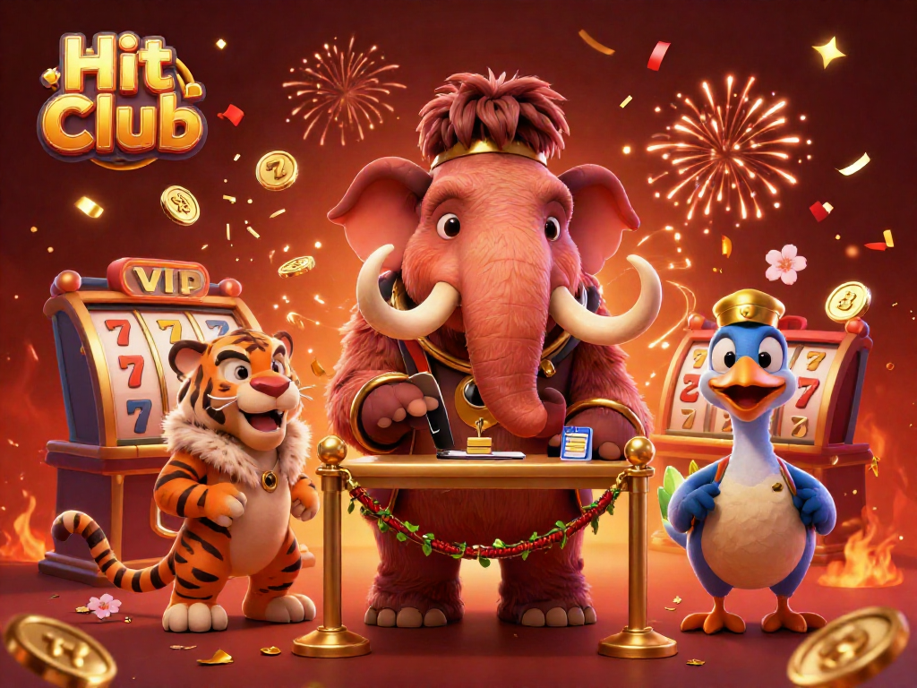 Hit Club featuring a woolly mammoth bouncer checking IDs at a casino entrance among slot reels and confetti.