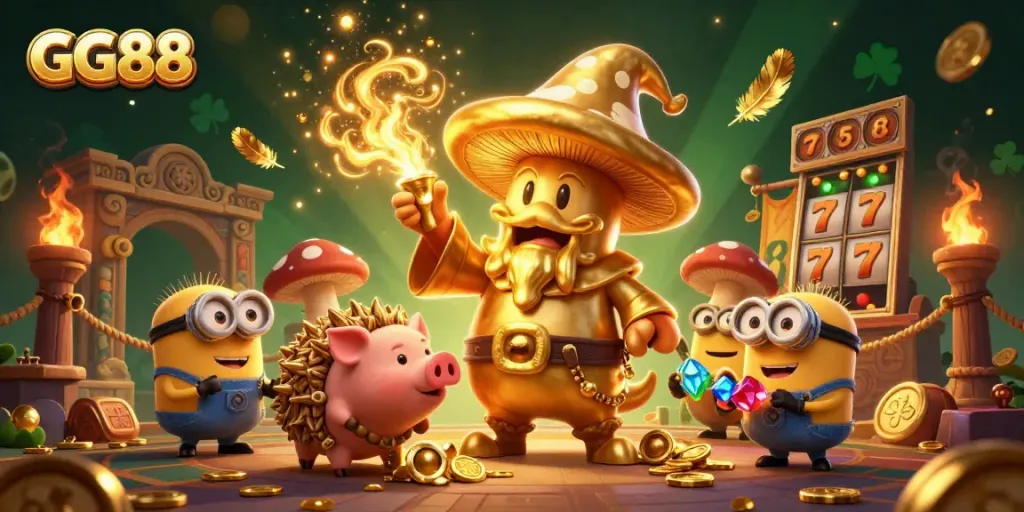 Engage in card strategies with GG88, featuring vibrant 3D gold-themed casino elements.