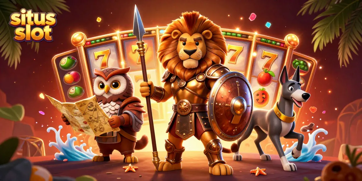 Spin the reels with situs slot featuring epic characters amidst a bustling casino scene
