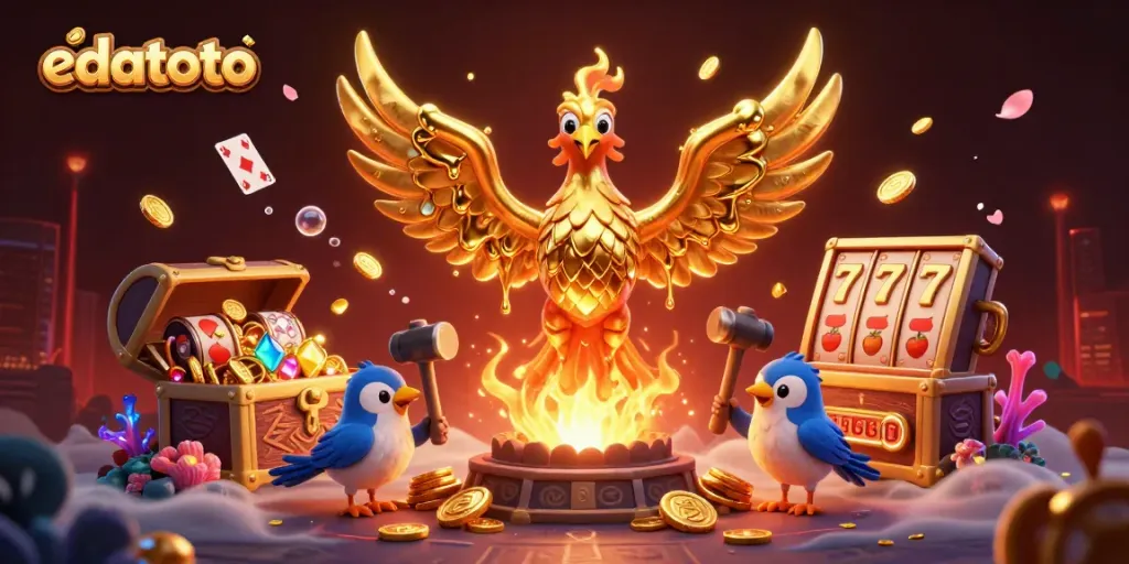 Experience the charm of edatoto with a dynamic golden phoenix and vibrant casino elements.
