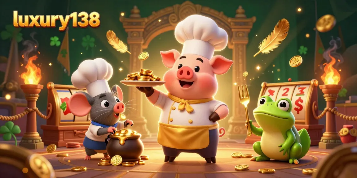 Experience luxury138 through an engaging scene of a chef pig serving gold coins amidst casino elements.