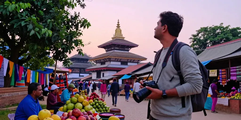 Menjelajahi Pakhoki saat fajar, wisatawan mengagumi arsitektur lokal dengan kamera di tangan, suasana pasar yang hidup.