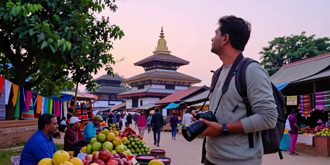 Menjelajahi Pakhoki saat fajar, wisatawan mengagumi arsitektur lokal dengan kamera di tangan, suasana pasar yang hidup.