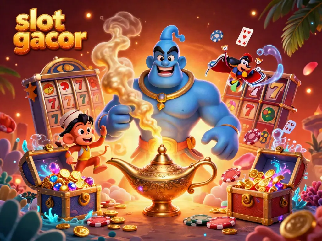Experience the excitement of slot gacor with a dynamic illustration featuring a magical genie, Aladdin-style monkey, and casino elements.