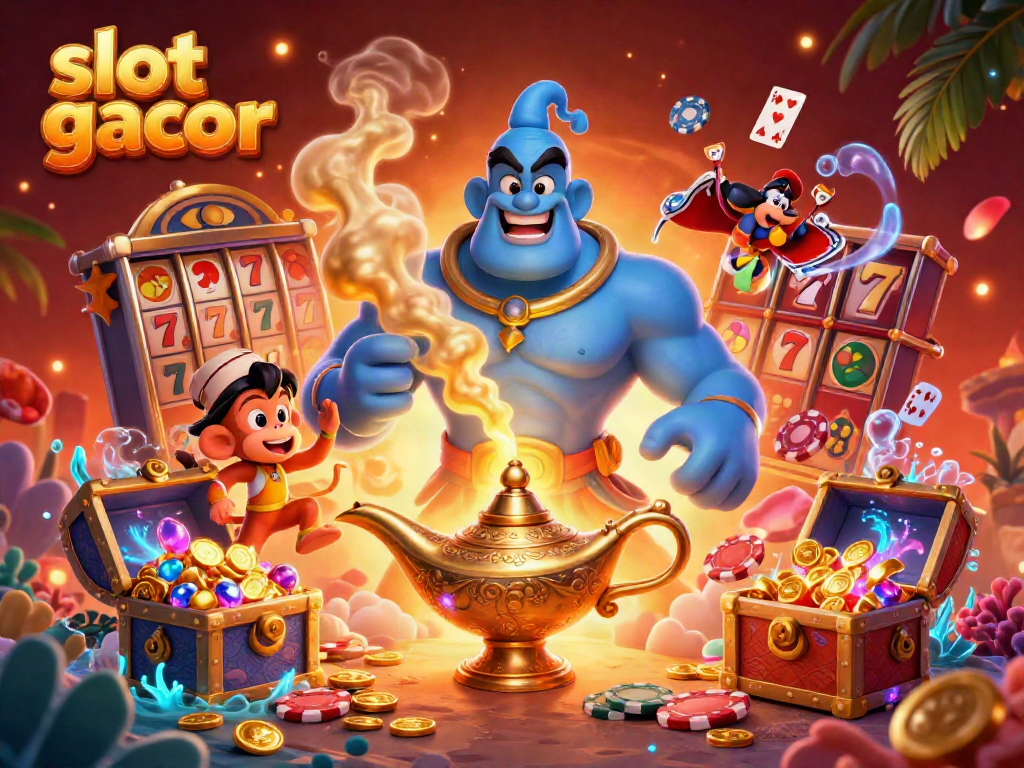 Experience the excitement of slot gacor with a dynamic illustration featuring a magical genie, Aladdin-style monkey, and casino elements.