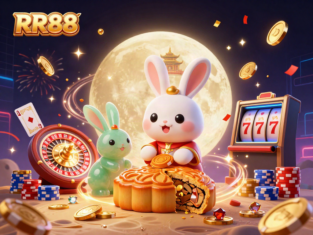 Experience the excitement of RR88 as a moon rabbit reveals poker chips in a fantasy casino illustration.