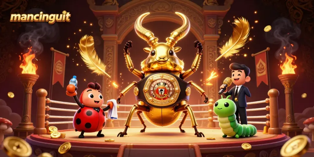Mancingduit promotional illustration depicting a boxing beetle and betting scene featuring gold coins.