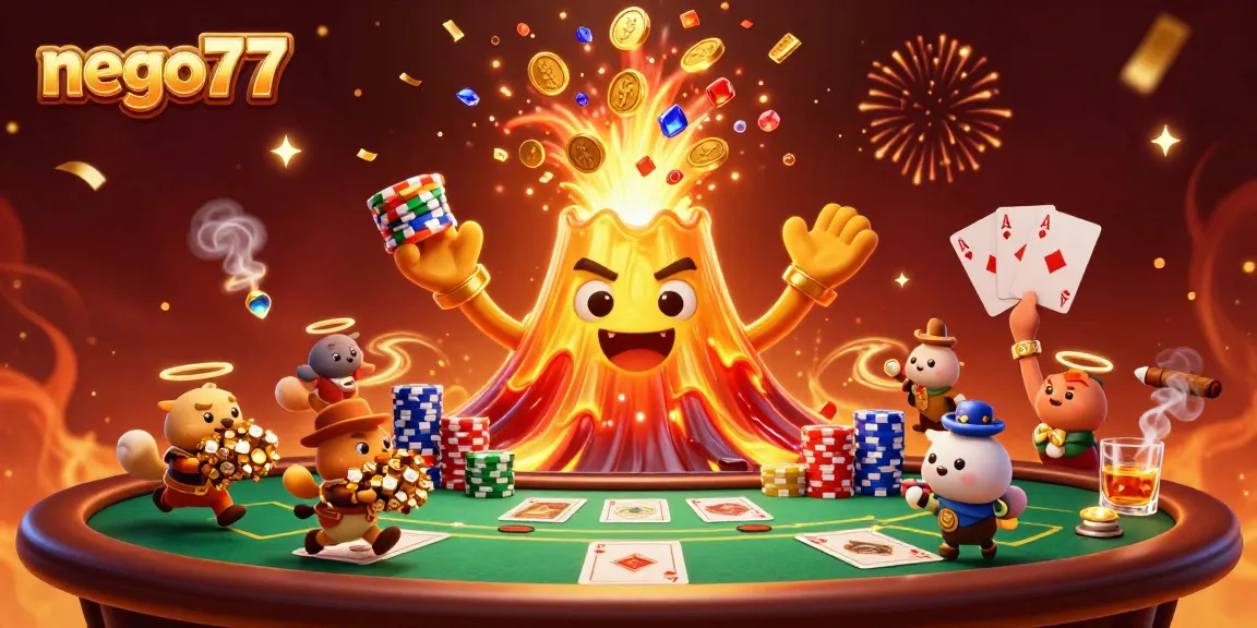 Dive into exciting gameplay with nego77's golden volcano erupting treasures amid thrilling poker elements and celebration.