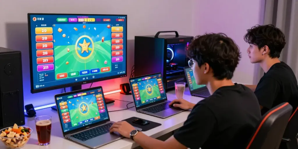 Players enjoying unsurtoto online gaming with vibrant displays and snacks.