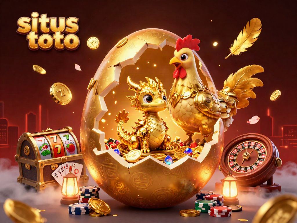 Menangkan permainan situs toto dengan visual menarik, menampilkan naga emas dan chip poker yang berkilau.