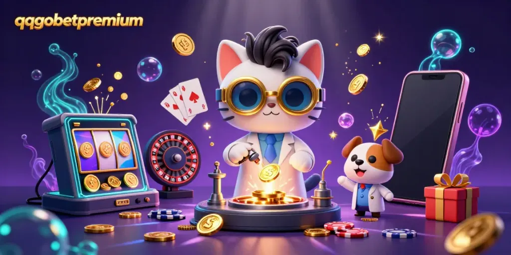 Spin reels and win with qqgobetpremium in this vibrant casino-themed illustration.