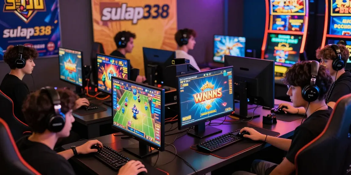 Gamer dengan semangat bermain di platform sulap338, layar berwarna-warni dan aksesori permainan menampilkan suasana permainan online yang dinamis.
