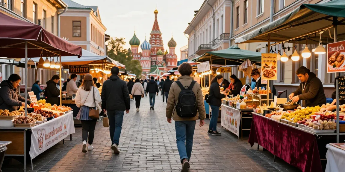 Pengunjung menggunakan https://payinrussia.com/ untuk membeli makanan lokal di pasar yang ramai di Rusia