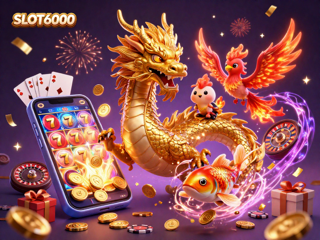 Raih kemenangan di SLOT6000 dengan naga emas, phoenix merah, dan ikan koi beruntung.