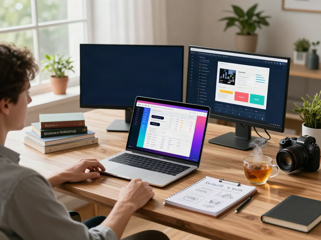 Content creator reviewing bento4d alternatif in a professional home office